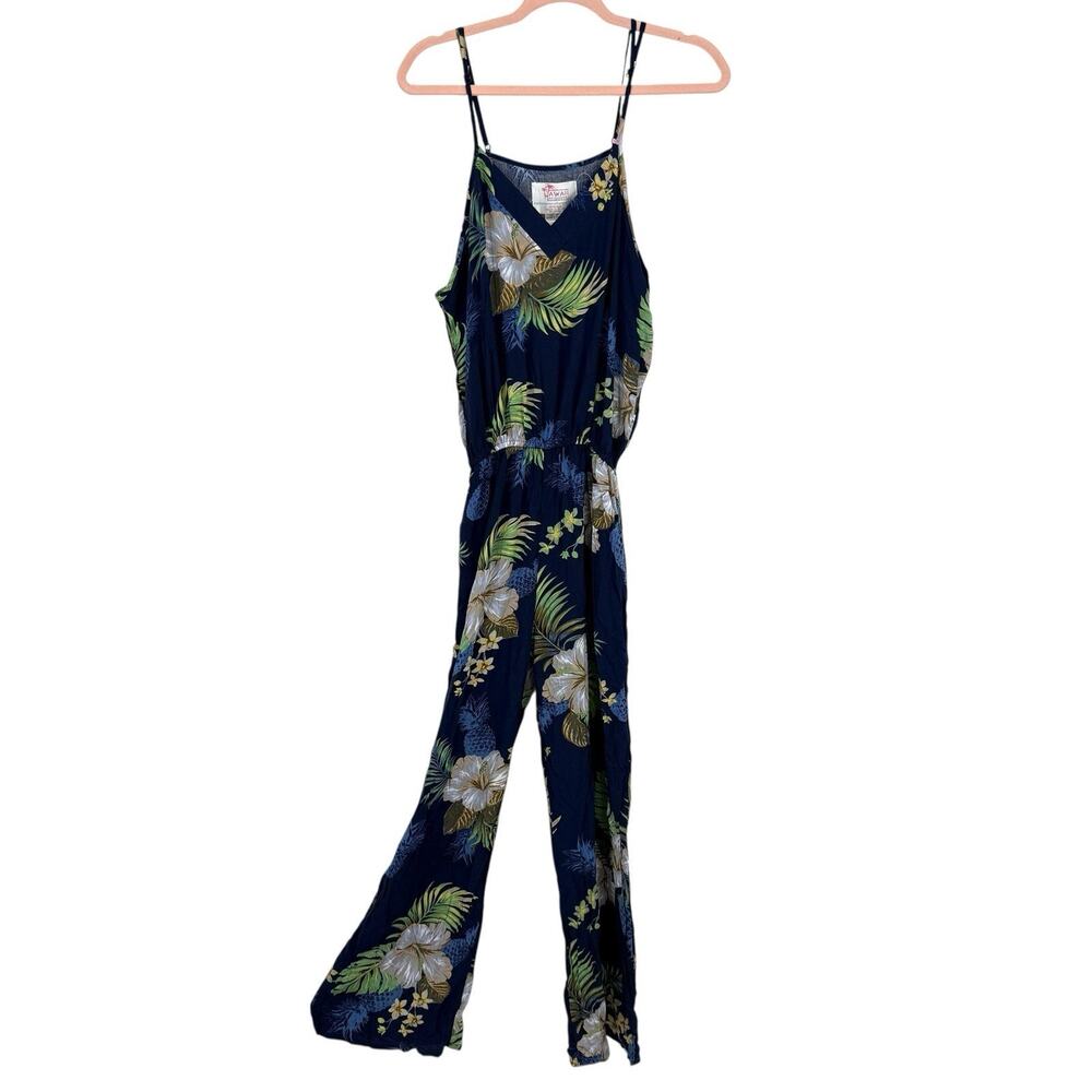 Hawaii Hangover Spaghetti Strap Jumpsuit Size Medium Blue Floral Rayon NEW